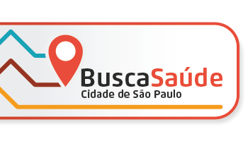 Logo do Busca Saúde, composto do texto BuscaSaúde, escrito junto, mas apenas as lestras iniciais em maiúsculo. Busca está escrito em preto e Saúde em laranja. Abaixo há o texto Cidade de São Paulo, escrito em preto e também apenas com as lestras iniciais em maiúsculo. Ao lado dessa composição tipográfica, há uma ilustração que representa um localizado, ou seja, um círculo laranja com ponta. No meio desse localizador há um círculo branco. Essa ilustração possui linhas azul, na parte superior, marrom, no centro e amarelo, abaixo, conectando-a.